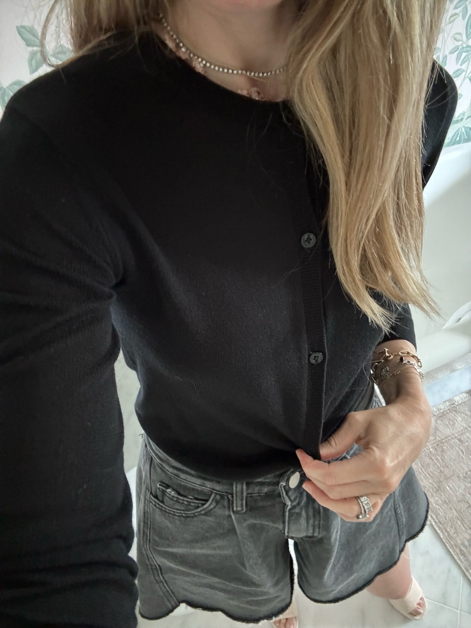 Casual & chic outfit for running around with the kids today. Wearing this Toteme sweater, Frankie Shop shorts (linking similar), and my favorite Larroude mules. 