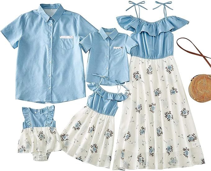Matching Family Outfits, Mommy and Me Denim Printed Dresses Pocket Tshirt Short Sleeve Matching O... | Amazon (US)
