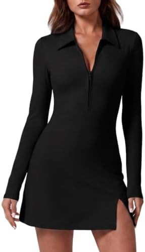 QINSEN Womens Two Pieces Zip Front Tennis Dress with Shorts Long Sleeve Polo Collar Workout Golf ... | Amazon (US)