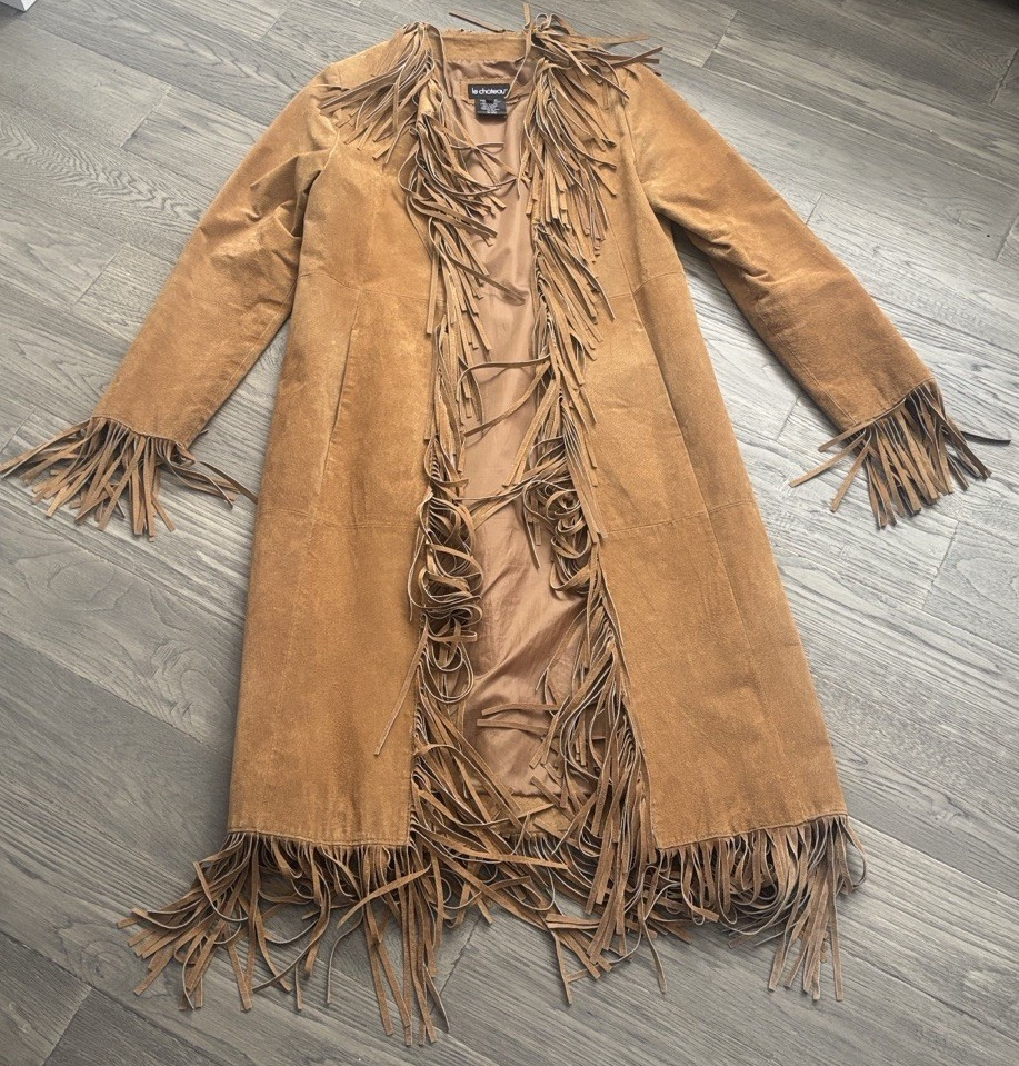 Le Chateau | Vintage Brown Western Leather Suede Jacket Duster Fringe Coat Sz S | eBay US