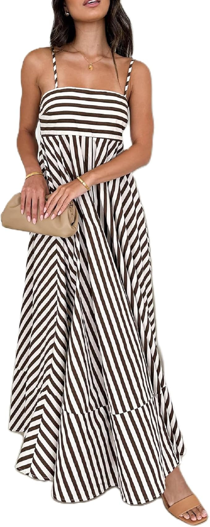 Women Striped Maxi Dress Smocked Backless Spaghetti Strap Long Flowy Dress Sleeveless Boho Aline ... | Amazon (US)