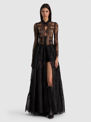 XAVIER TIERED LACE MAXI COAT - BLACK | Alice + Olivia