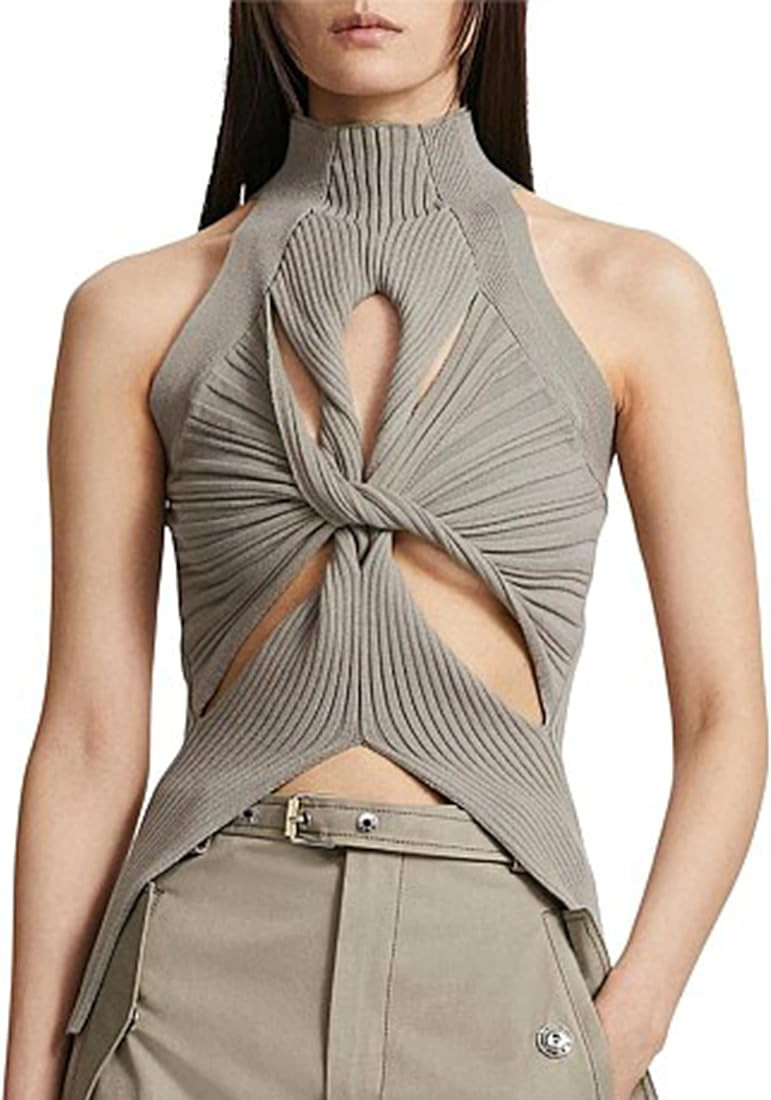 SAFRISIOR Women Sexy Hollow Out Twist Front Knitted Tank Tops Sleeveless High Neck Cut Out Sweate... | Amazon (US)
