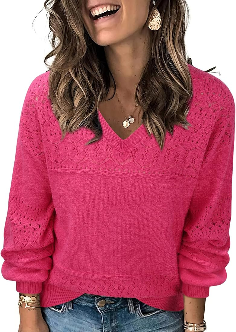 Messic Womens Pullover Sweaters 2024 Casual Long Sleeve V Neck Lightweight Loose Knit Tops | Amazon (US)