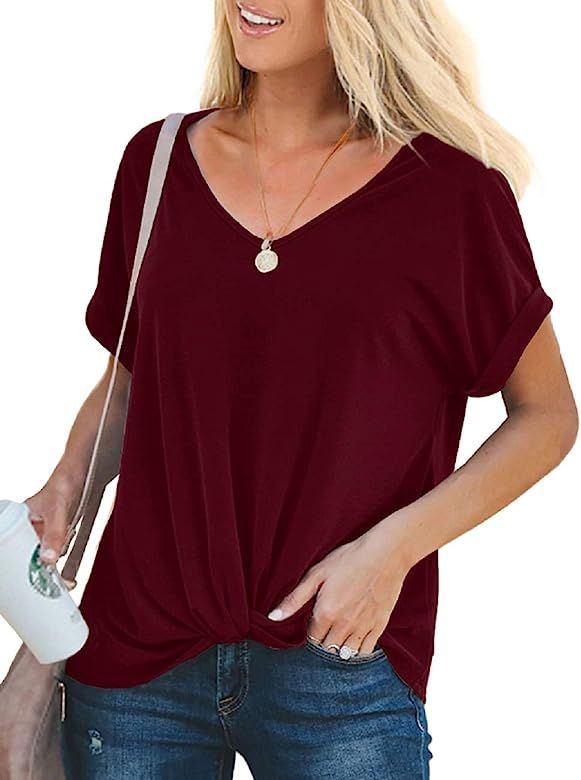 Womens Rolled Short Sleeve Tops V Neck T Shirts Summer Blouses Knot Front Tees | Amazon (US)