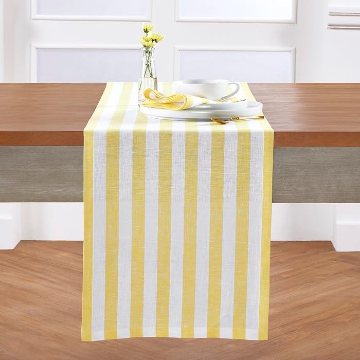 Solino Home Linen Table Runner 36 Inches - Sorrento Stripe 100% Pure Linen Yellow and White Table... | Amazon (US)