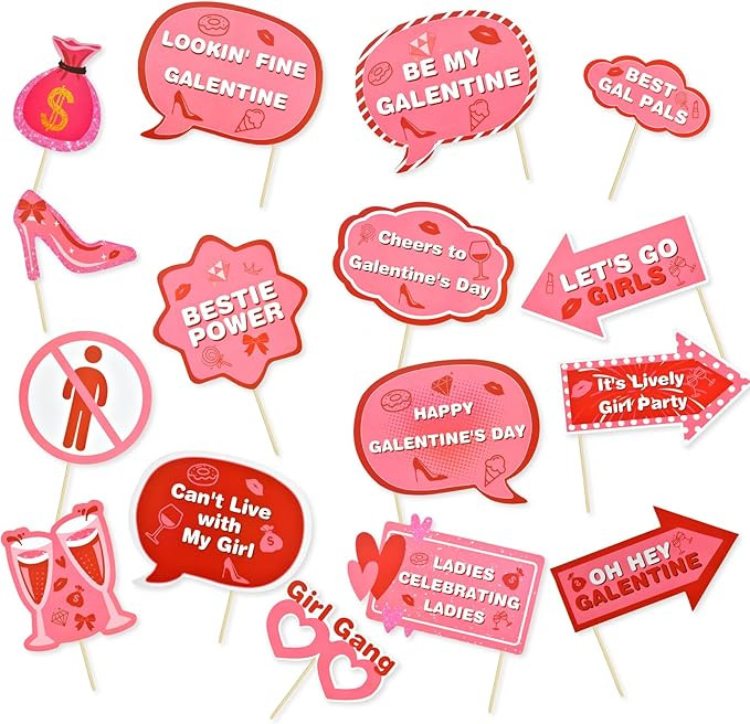 16Pcs Galentine's Day Photo Booth Props Kit,Funny Handheld Pink Party Accessories,Suitable for Va... | Amazon (US)