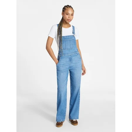 No Boundaries Relaxed Wide Leg Denim Overalls, Women's XXS-XXL | Walmart (US)