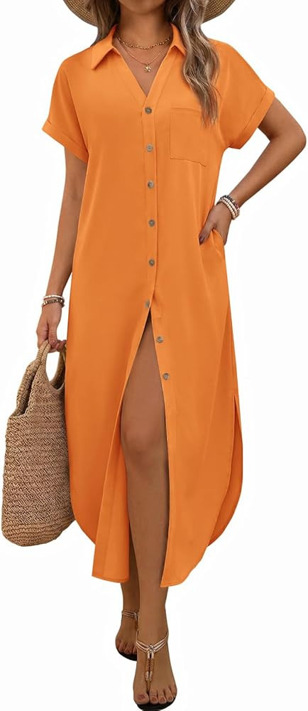 Yousify Summer Dresses for Women 2026 Casual Short Sleeve Button Down Maxi Dress Beach Cover Ups ... | Amazon (US)
