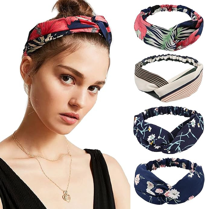 DRESHOW 4 Pack Turban Headbands for Women Hair Vintage Flower Printed Cross Elastic Head Wrap | Amazon (US)