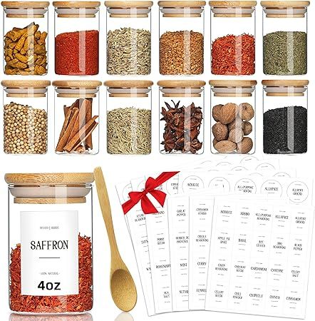 GMISUN Spice Jars with Bamboo Lids, 4oz Glass Spice Bottles with Preprinted Spice Labels, 12Pcs E... | Amazon (US)