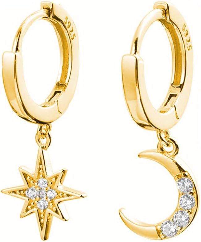 Reffeer Crystals Star Moon Dangle Hoop Earrings for Women Teen Girls Sterling Silver Cartilage Dr... | Amazon (US)