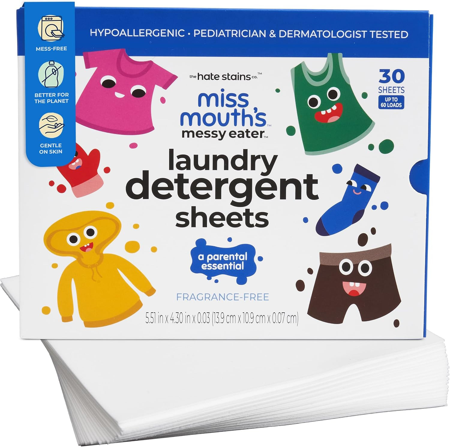 Miss Mouth's Messy Eater Laundry Detergent Sheets - Laundry Detergent, Hypoallergenic, Sensitive Skin Safe, Pediatrician and Dermatologist Tested, Fragrance Free, Travel Friendly | Amazon (US)