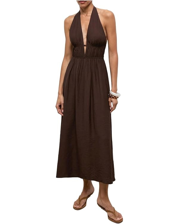 OYOANGLE Women's Deep V Neck Halter Long Dress Sleeveless Backless Flowy A Line Wedding Guest Dre... | Amazon (US)