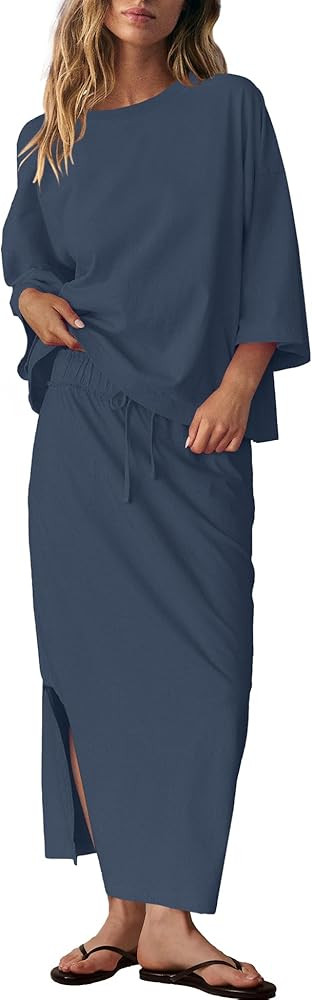 LAMISSCHE Skirt Sets Women 2 Piece Outfits Casual Lounge Set Back Vented Tops and Maxi Dress with... | Amazon (US)