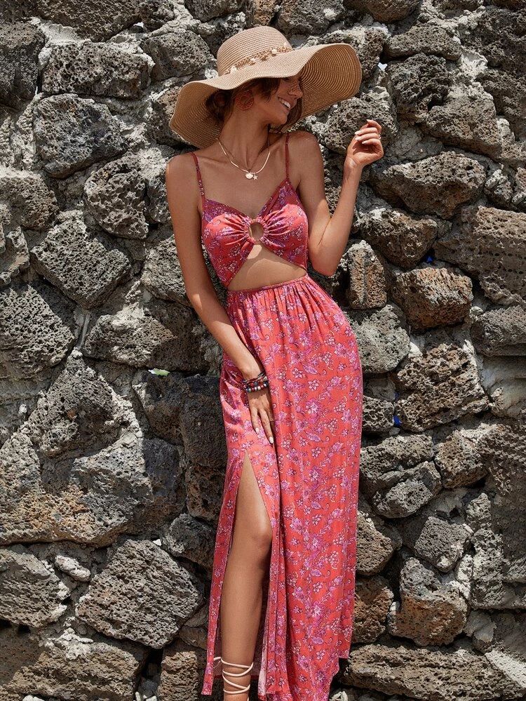 Floral Backless Split Thigh Cami Dress | SHEIN
