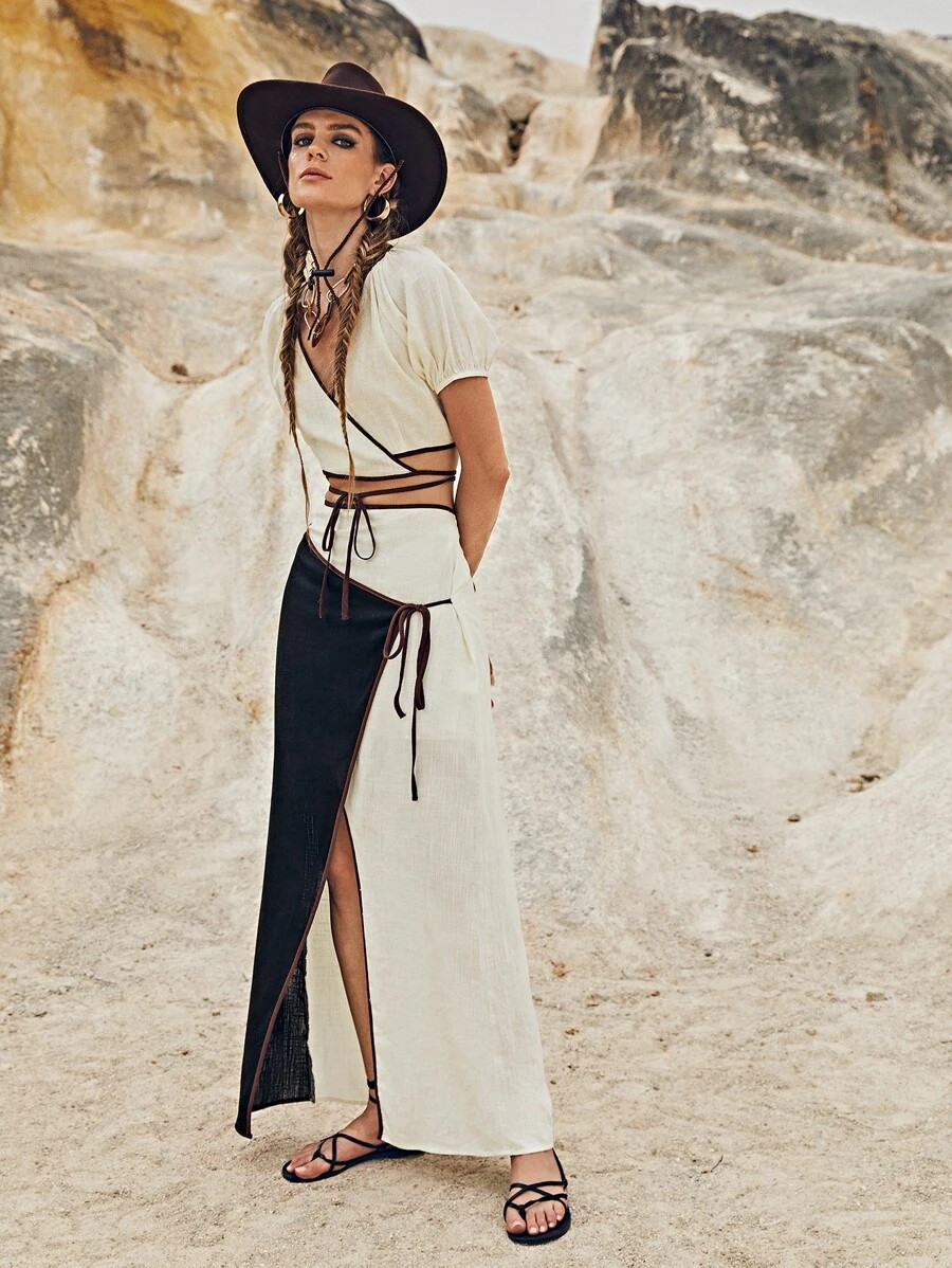 SHEIN Puff Sleeve Lace Up Top & Wrap Tie Front Skirt Set | SHEIN