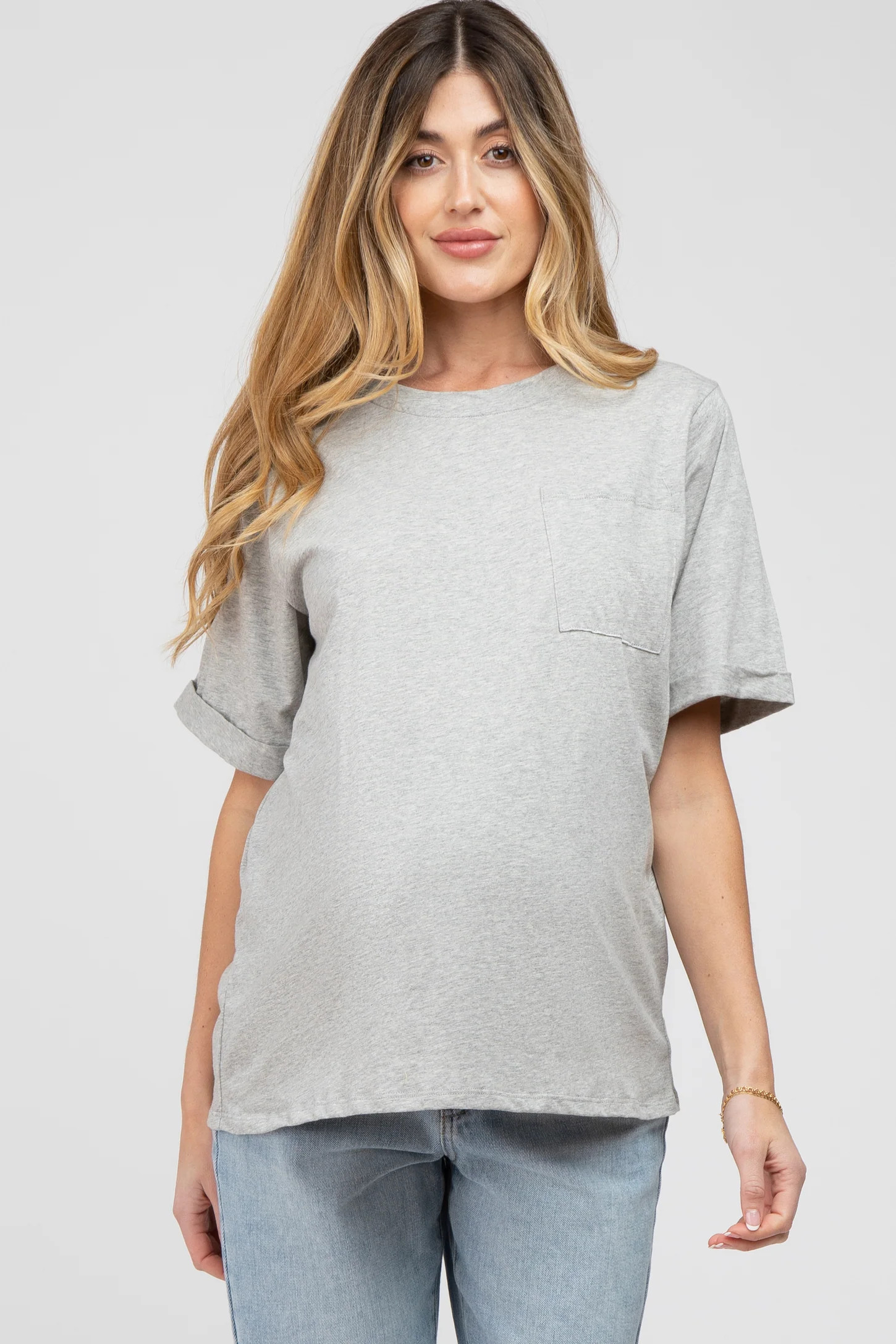 Heather Grey Oversized Pocket Front Short Sleeve Maternity Top | PinkBlush Maternity