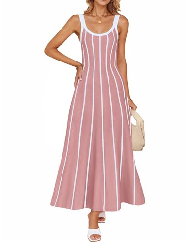 ZESICA Womens 2025 Summer Sleeveless Striped Midi Dresses Casual A Line Swing Knit Long Dress Bea... | Amazon (US)