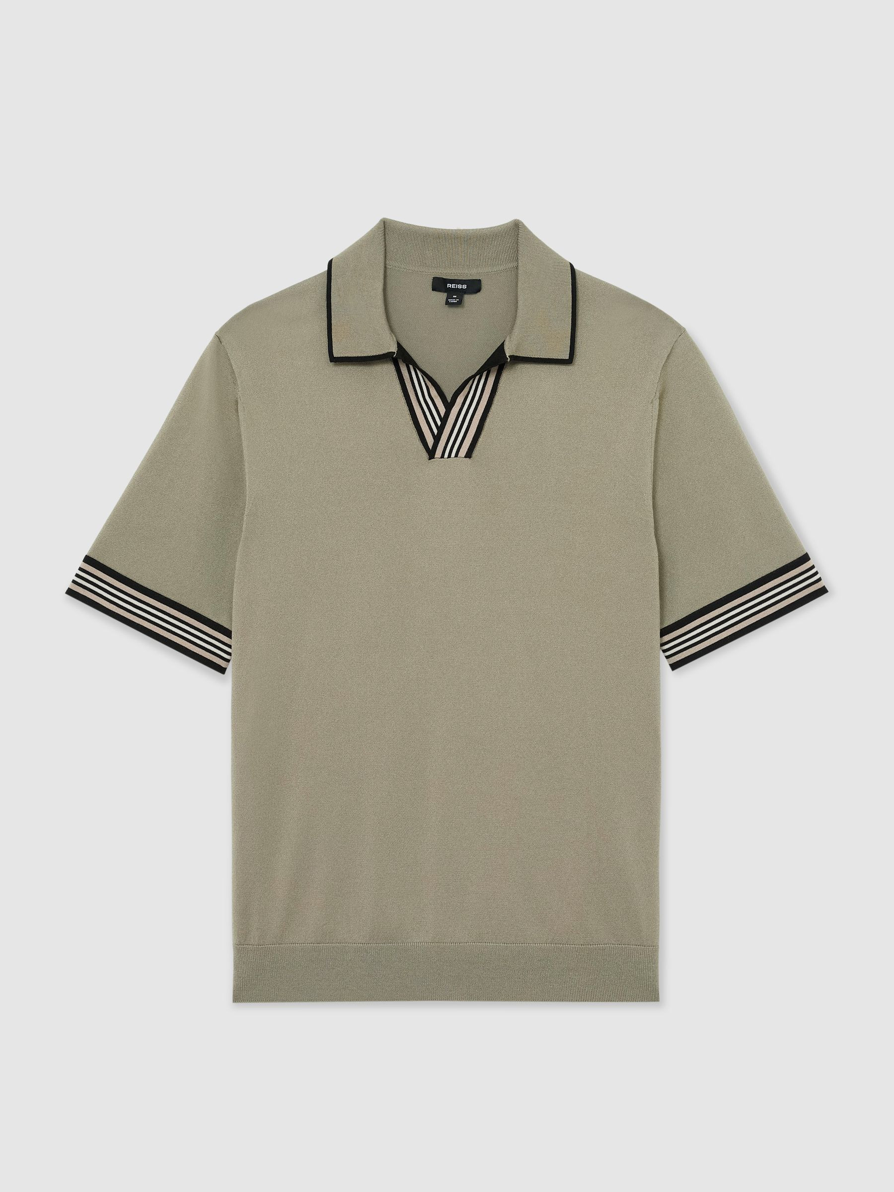Reiss Tipped Open-Collar Knitted Polo Shirt in Sage Green | REISS | Reiss US