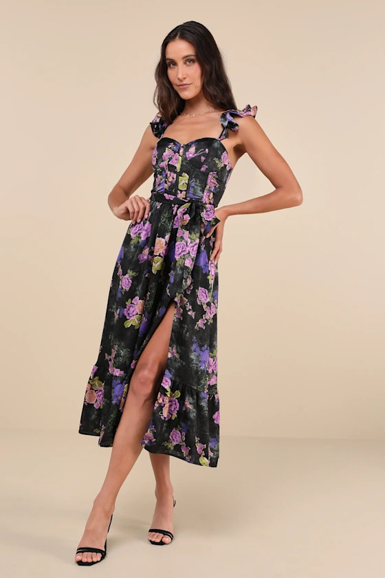 Sweet Like Sangria Black Floral Ruffled Bustier Midi Dress | Lulus