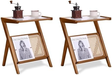 2 Pack Small Brown Rattan Nightstands, Bamboo Glass Top Side Tables | Amazon (US)