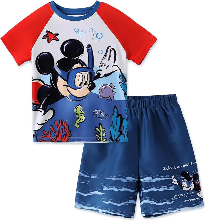 Disney Marvel Spiderman Cars Boy Swimsuit Rash Guard Shirts & Swim Trunk Boys Swim Set Mickey Sum... | Amazon (US)