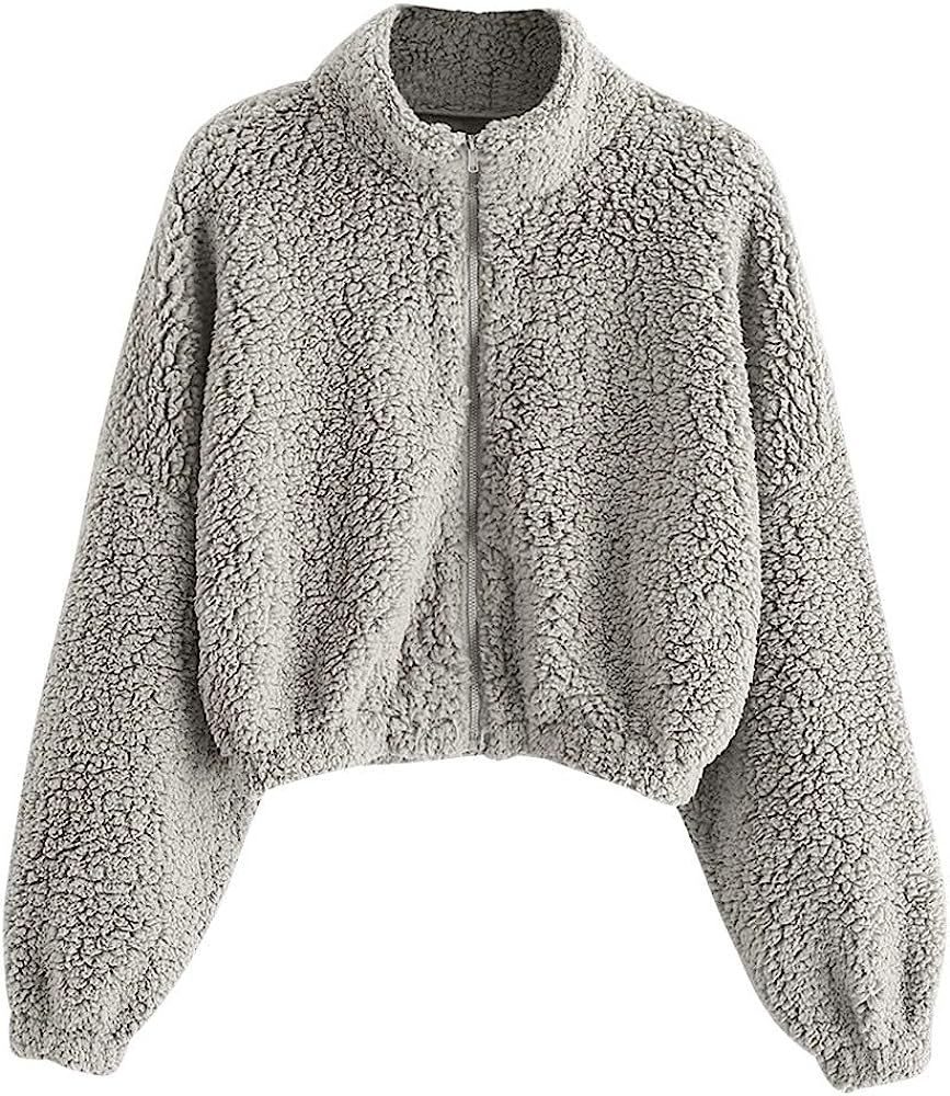 ZAFUL Women's Faux Fur Fuzzy Coat Full Zip Drop Shoulder Jacket Cropped Sweatshirts | Amazon (US)