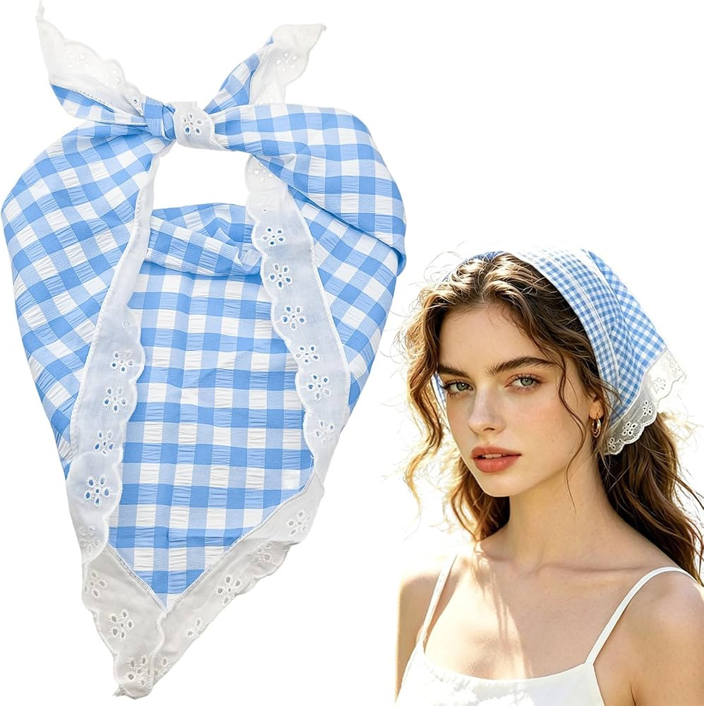 Gingham Bandana Head Scarf for Women, Blue and White Plaid with Lace Trim, Hair Scarf Headband | Amazon (US)
