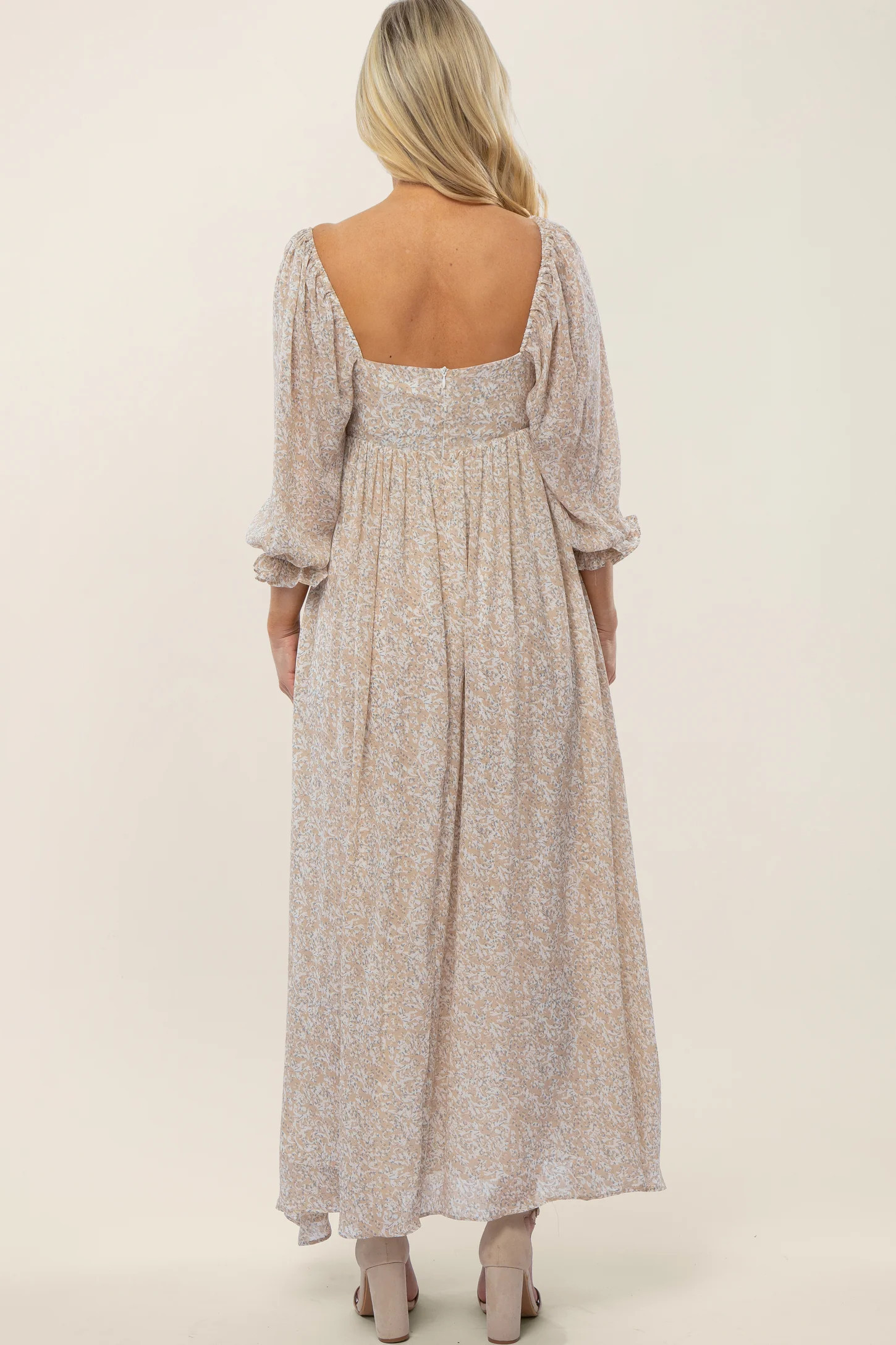 Beige Chiffon Printed Square Neck Empire Maternity Maxi Dress | PinkBlush Maternity