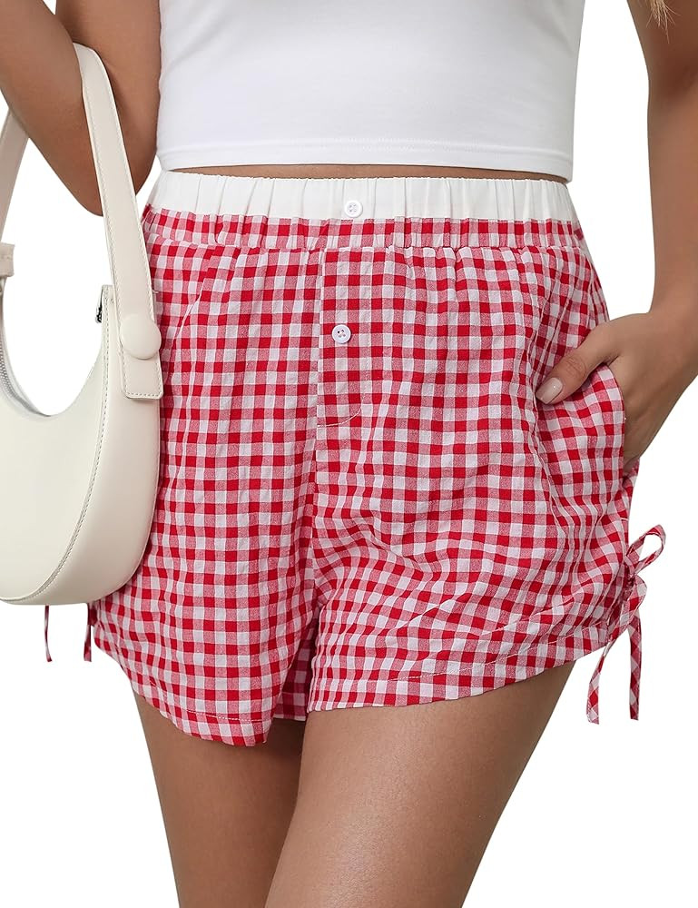 Blooming Jelly Womens Boxer Shorts Gingham Pajama Summer Casual High Waisted Shorts Plaid Lounge ... | Amazon (US)