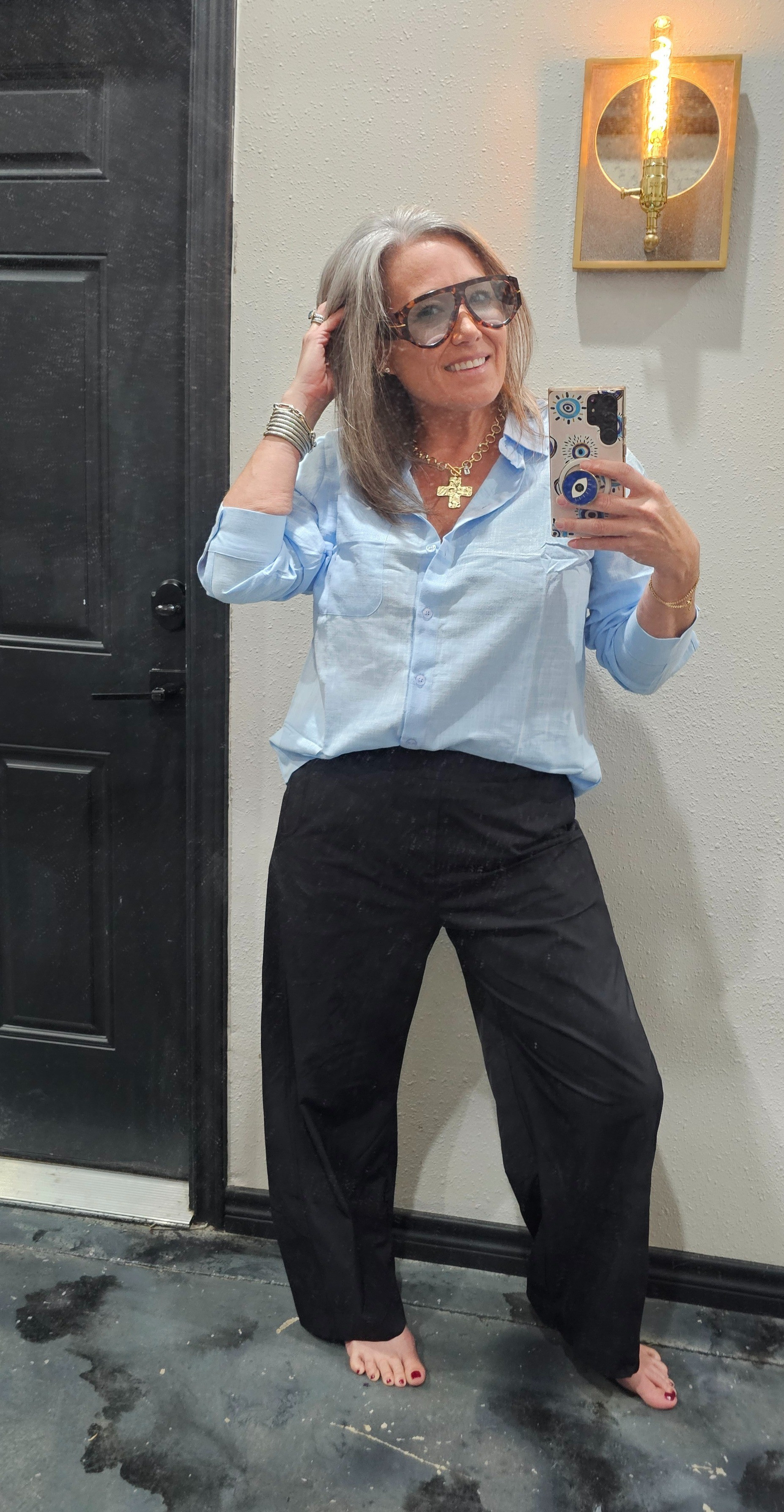 Styling this outfit was so easy!! These pants are to die for! I want to wear them every day, all day!!! They don’t wrinkle, have awesome pockets and are a fraction of the cost of the others. I want them in every color like I did with this amazing linen shirt. I paired it with this beautiful gold cross toggle necklace and these designer inspired sunglasses are SOOO good too!!! 

5’6 160lbs and I am wearing a large in both.

#LTKMidsize #LTKOver40 #LTKTravel