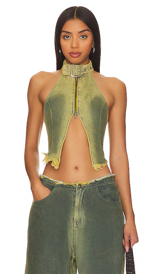 Green Denim Buckle Neck Top in Green Wash | Revolve Clothing (Global)