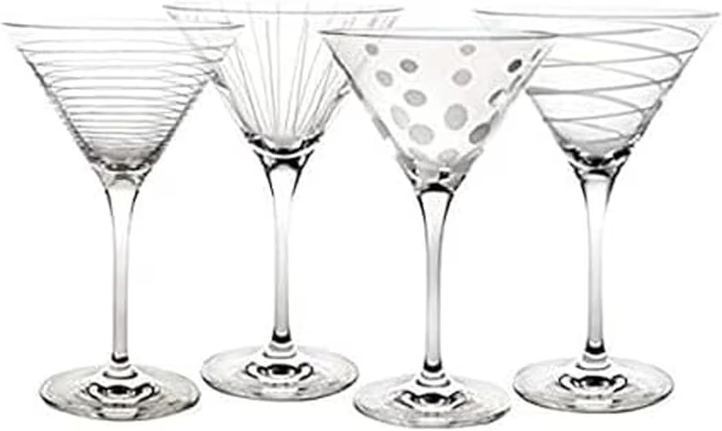 Mikasa Cheers 10-Ounce Martini Glasses, Fun Etched Designs, Durable Clear Glass Cocktail Glasswar... | Amazon (US)