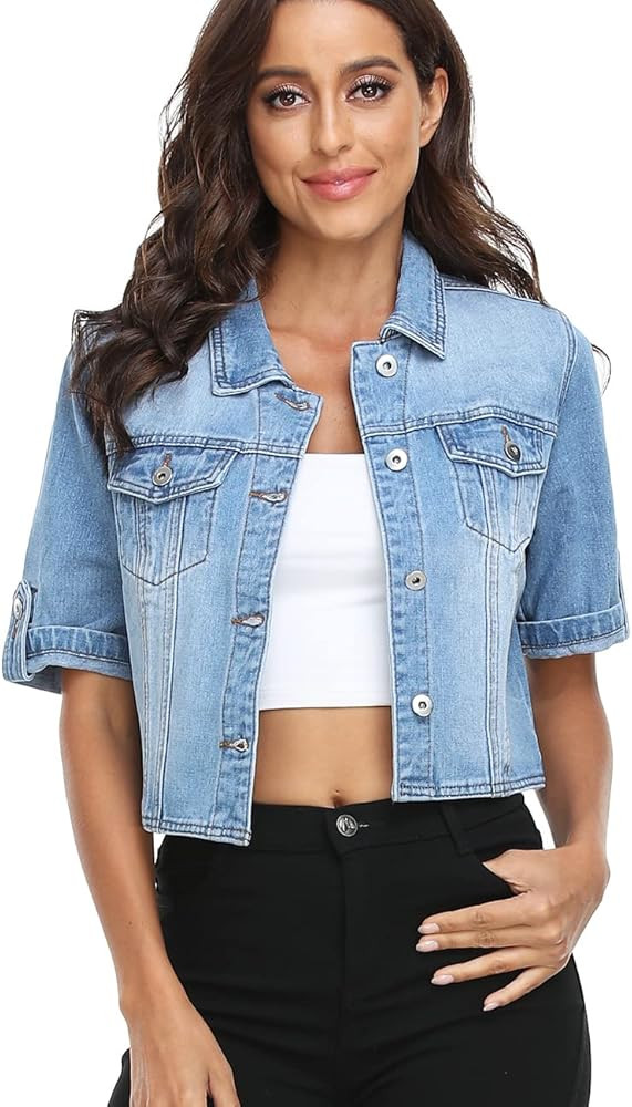 Dilgul Women's Denim Jacket Button Down Short Sleeve Cropped Jean Jacket Coat | Amazon (US)