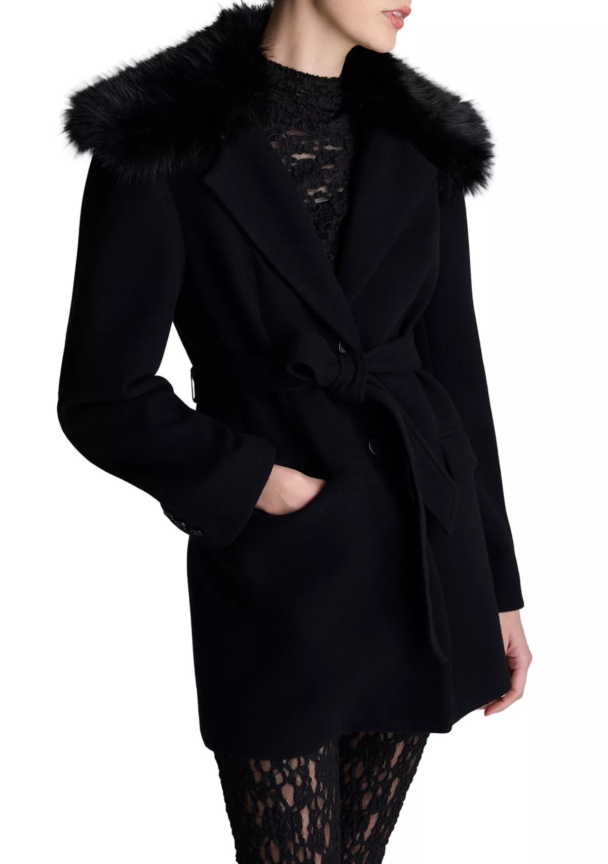 Women's Belted Jacket with Fur Collar | Belk