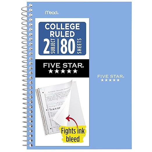 Five Star Spiral Notebook, 2 Subject, College Ruled Paper, 6" x 9.5", 80 Sheets, Blue (Color May ... | Amazon (US)