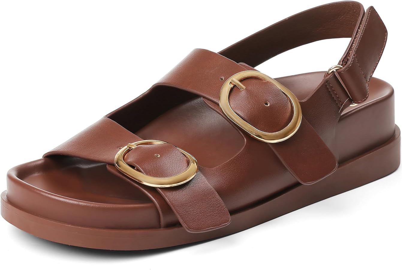 Lovee Cosee Flat Sandals for Women with Cushioned Footbed Open Toe Double Buckle Adjustable Hook-... | Amazon (US)