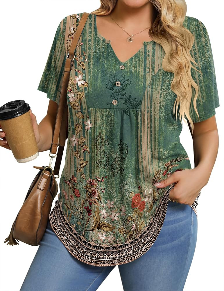 IN'VOLAND Womens Plus Size Tunic Top Summer Short Sleeve V Neck Blouse | Amazon (US)