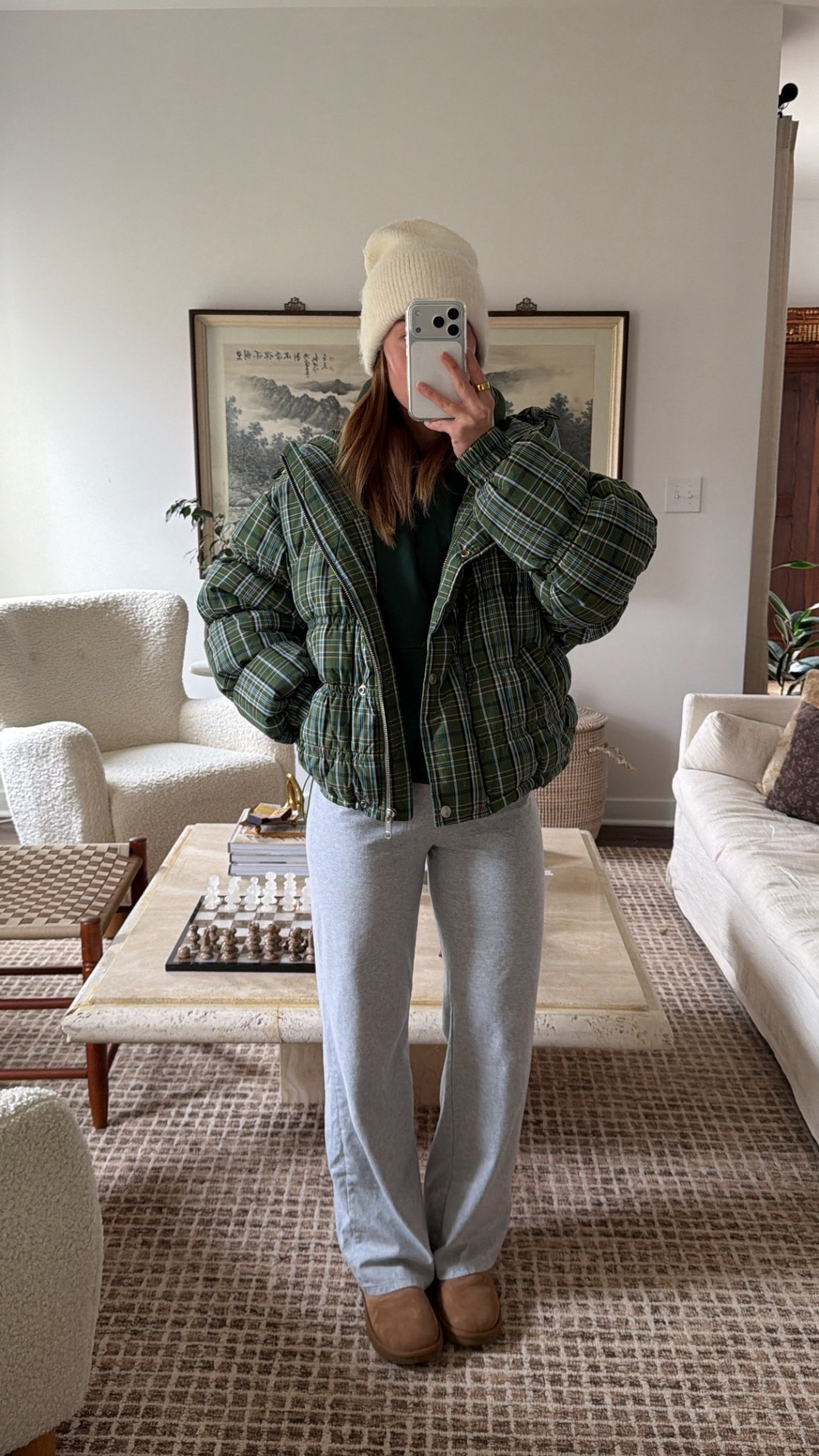 11/21/25 Cozy, bundled-up winter outfit for a chilly day ❄️
Wearing my Abercrombie winter hat, my super comfy Aritzia green hoodie (size medium), Aritzia grey lounge pants (size small), and my Free People plaid green puffer — such a fun statement layer for winter. Finished the look with my mini UGG boots, the best everyday cozy shoe.

#LTKHoliday #LTKootd #LTKGiftGuide