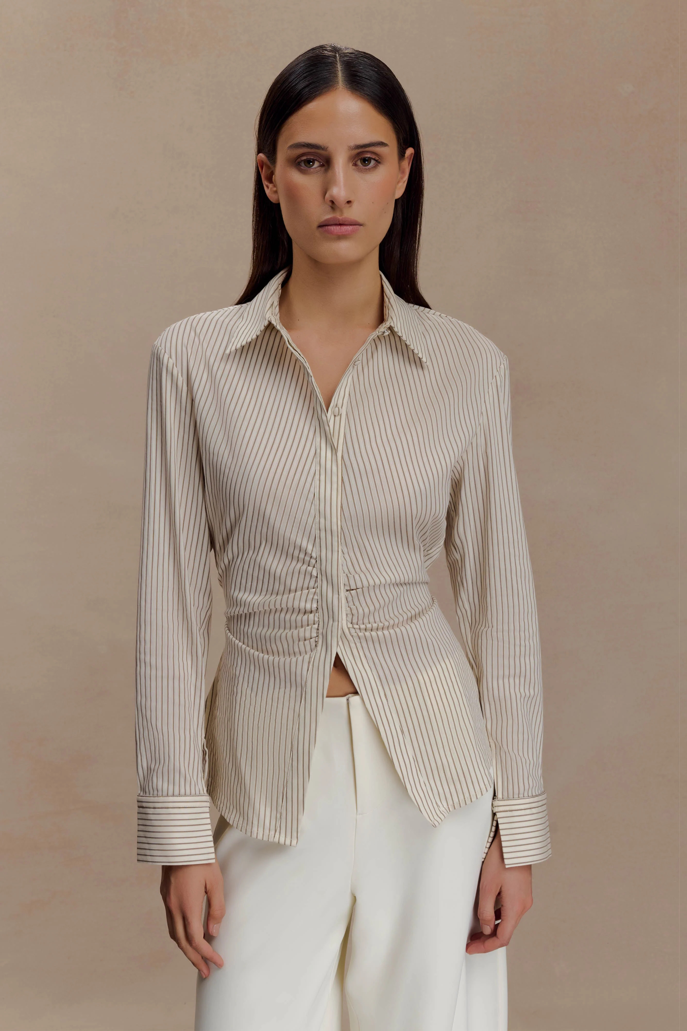 Millie Tie Back Cotton Shirt - Beige Pinstripe | Meshki (APAC)