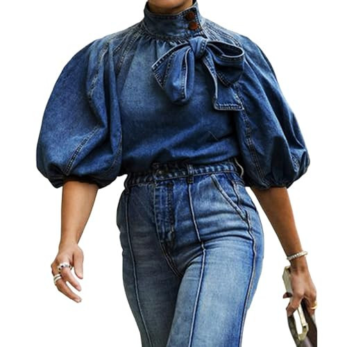 Women's Bow Design Denim Pullover Top Button Up High Neck Fashionable Jacket with Elastic and Puff Sleeves(Dark Blue,L) | Amazon (US)