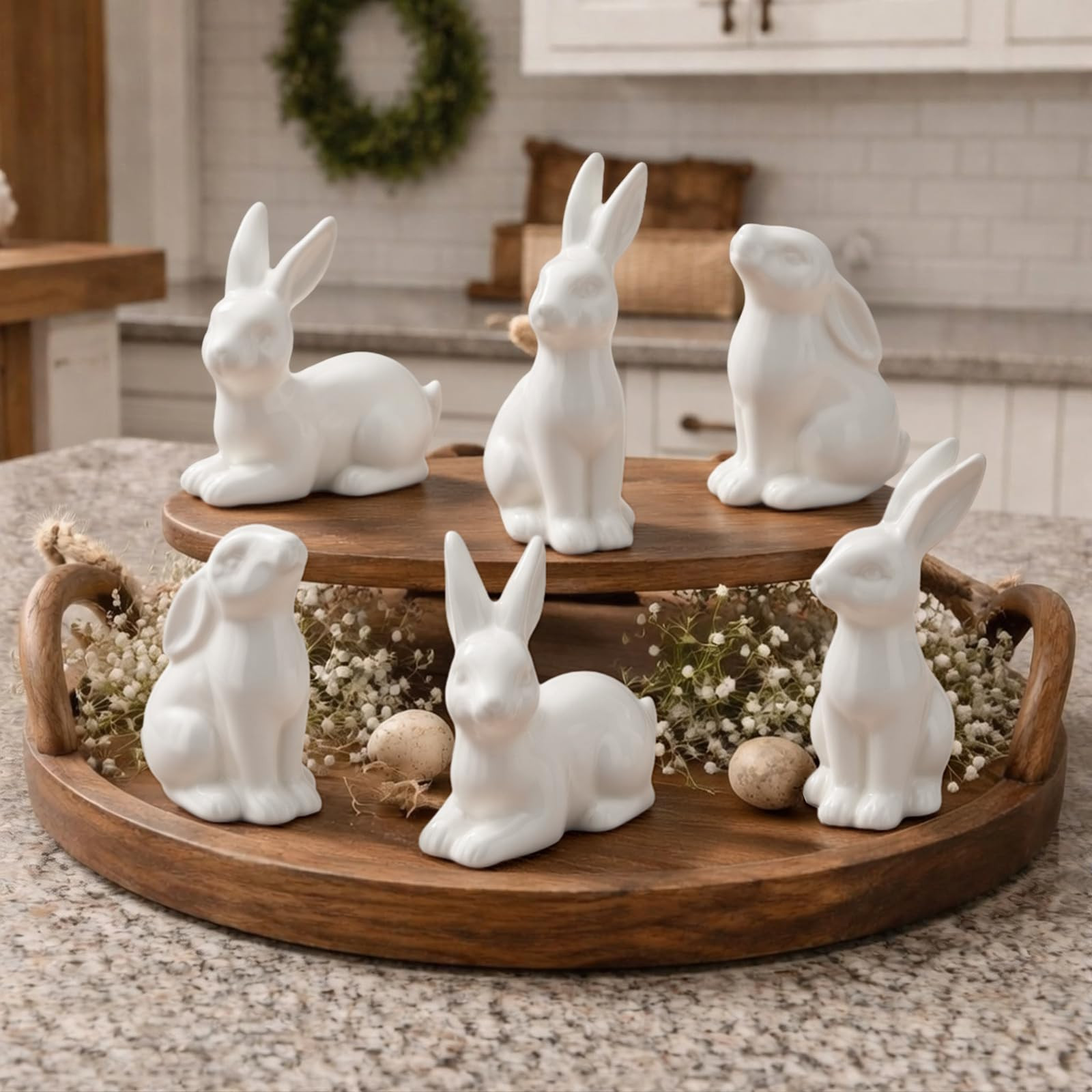 Kathfly Set of 6 Easter Bunny Figurines White Ceramic Bunny for Tiered Tray Table Centerpiece Min... | Amazon (US)