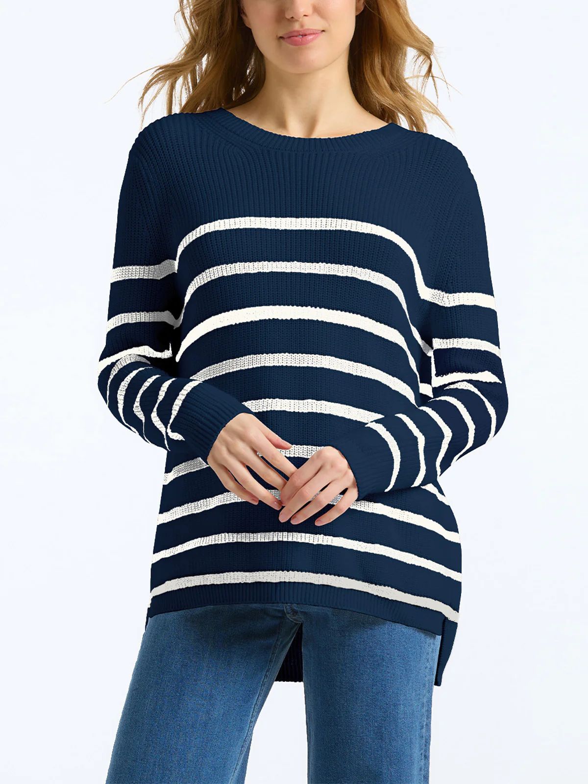 The Emma: Stripe Crewneck Shaker Stitch Sweater | 525 America