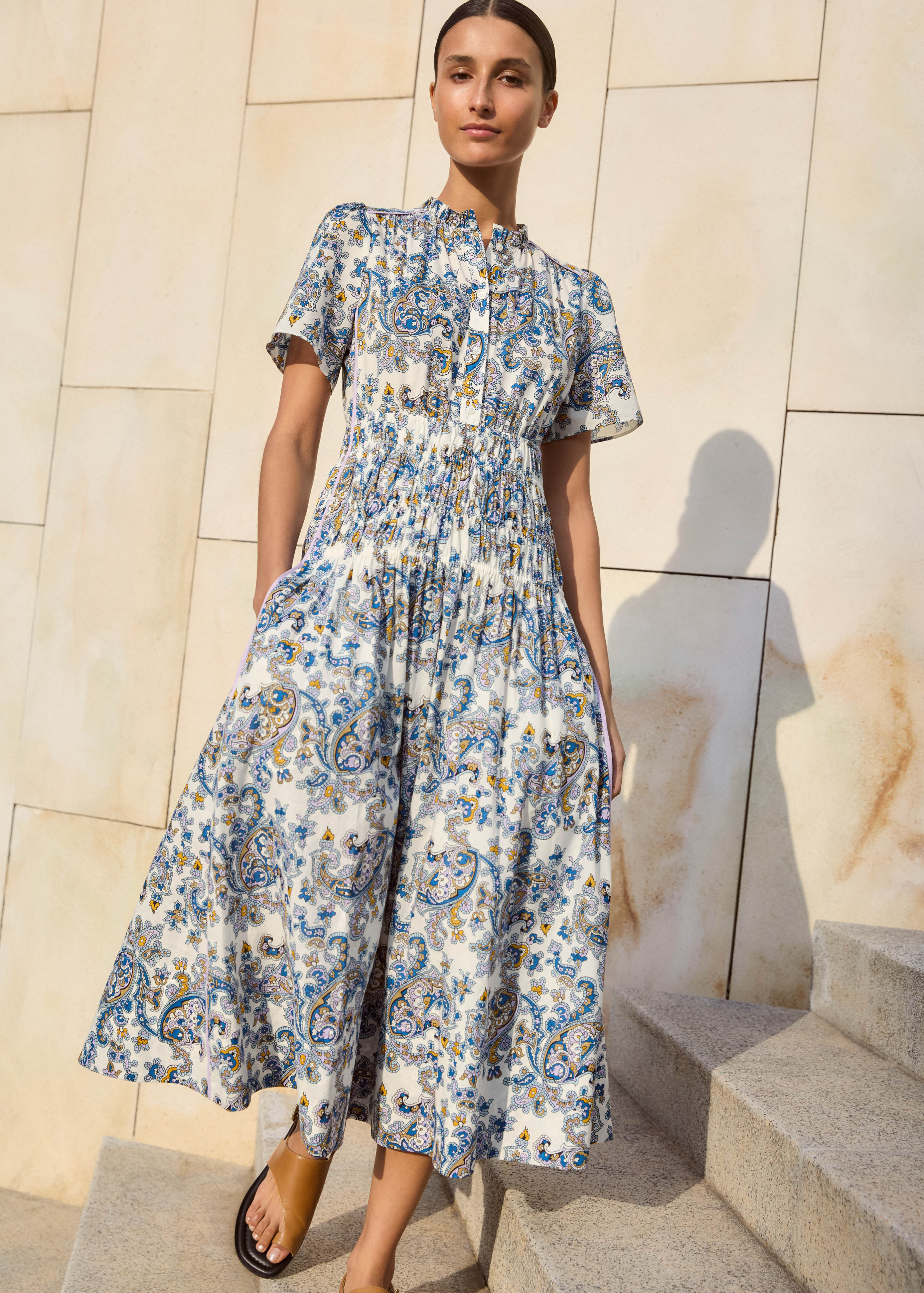 Women's Cream Cotton Geo Paisley Print Midi Dress | ME+EM | ME+EM US