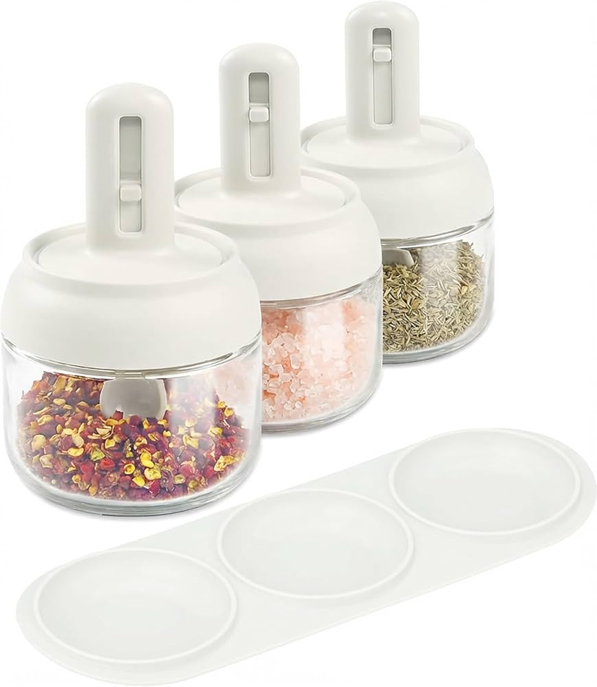 Povinmos® 3 Piece Glass Salt Container | Storage | Pepper,Table Salt, Sugar,Gourmet Salts,Spice ... | Amazon (US)