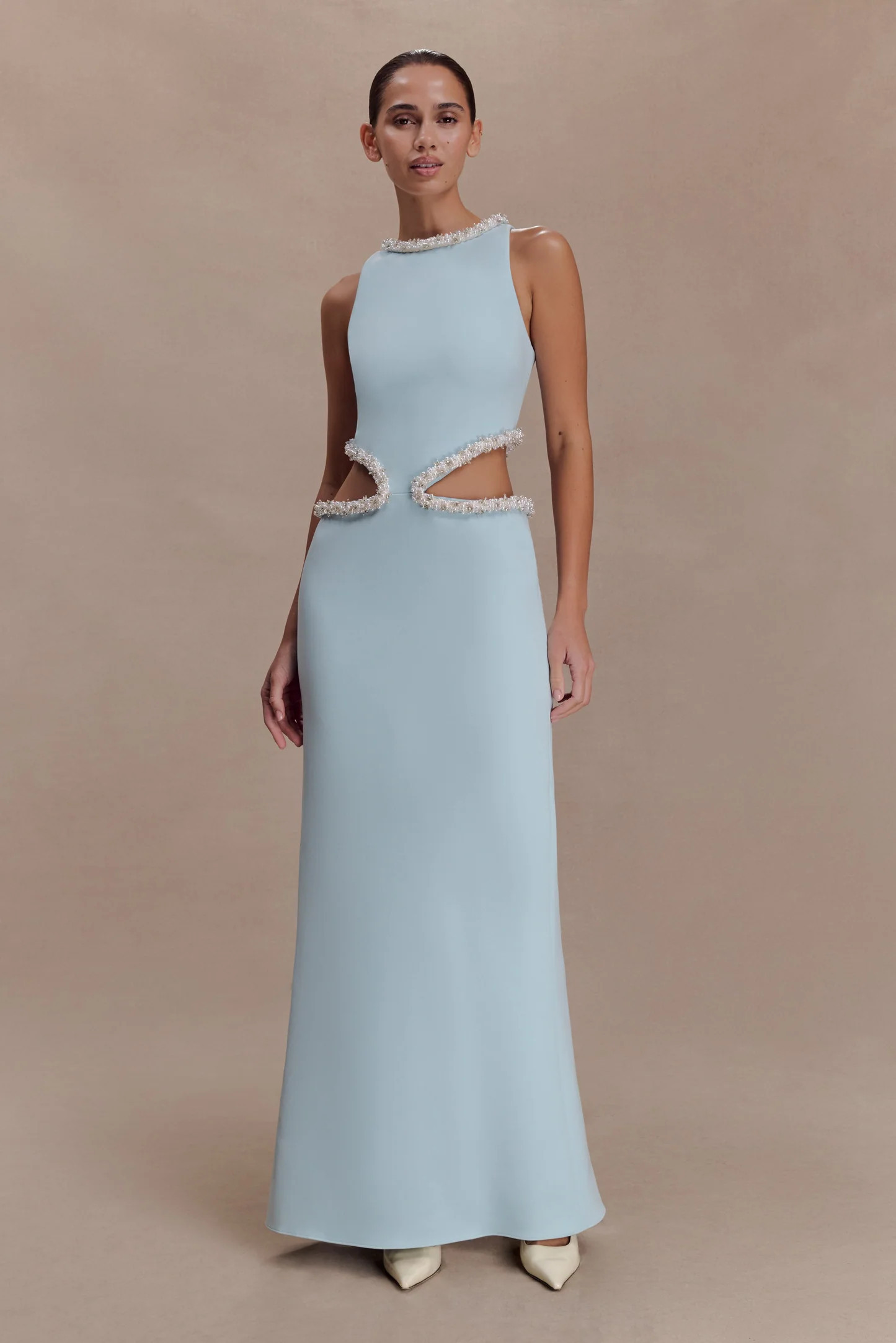 Embellished Cut Out Maxi Dress - Pale Blue | MESHKI US