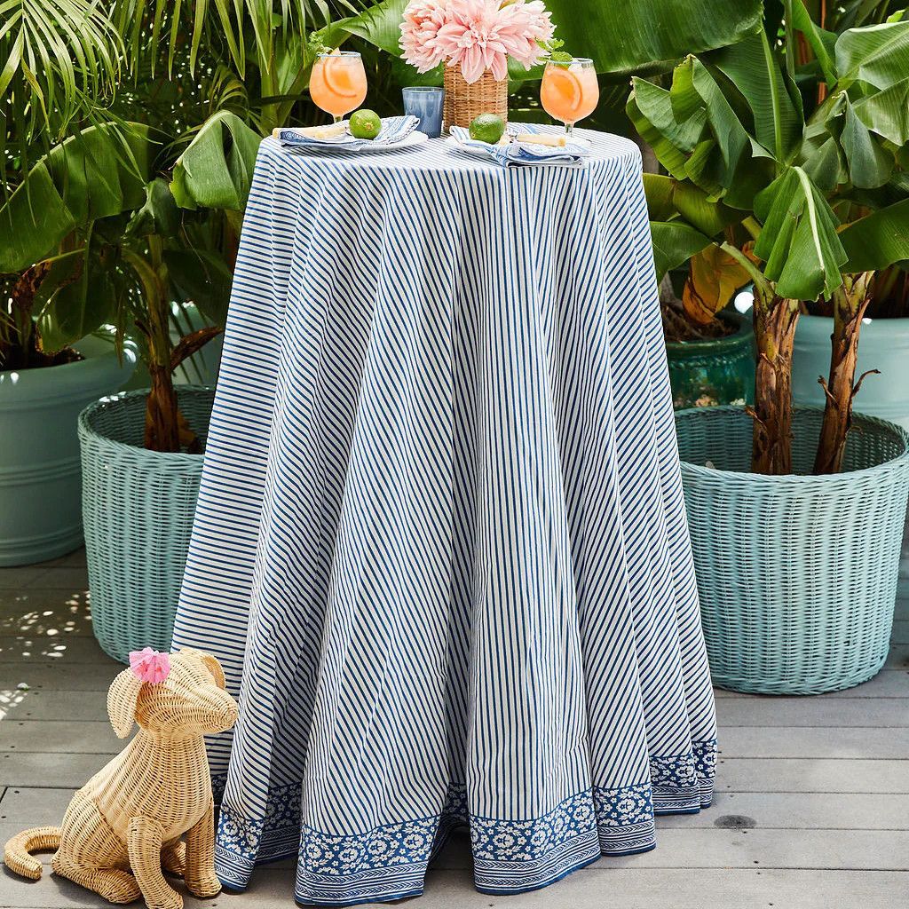 Petite Stripe Tablecloth 108" Round Indigo | Amanda Lindroth