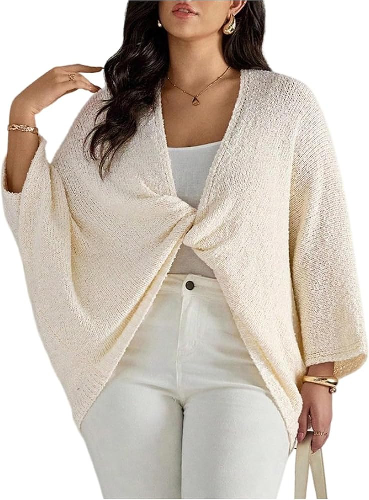 SweatyRocks Women's Plus Size Twist Front Deep V Neck Sweaters Long Sleeve Loose Knitted Pullover... | Amazon (US)