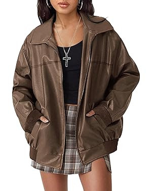 Women's Faux Oversized Leather Jacket, Zip Up Motorcycle Bomber Fall Jackets 2025, Vintage Y2K To... | Amazon (US)